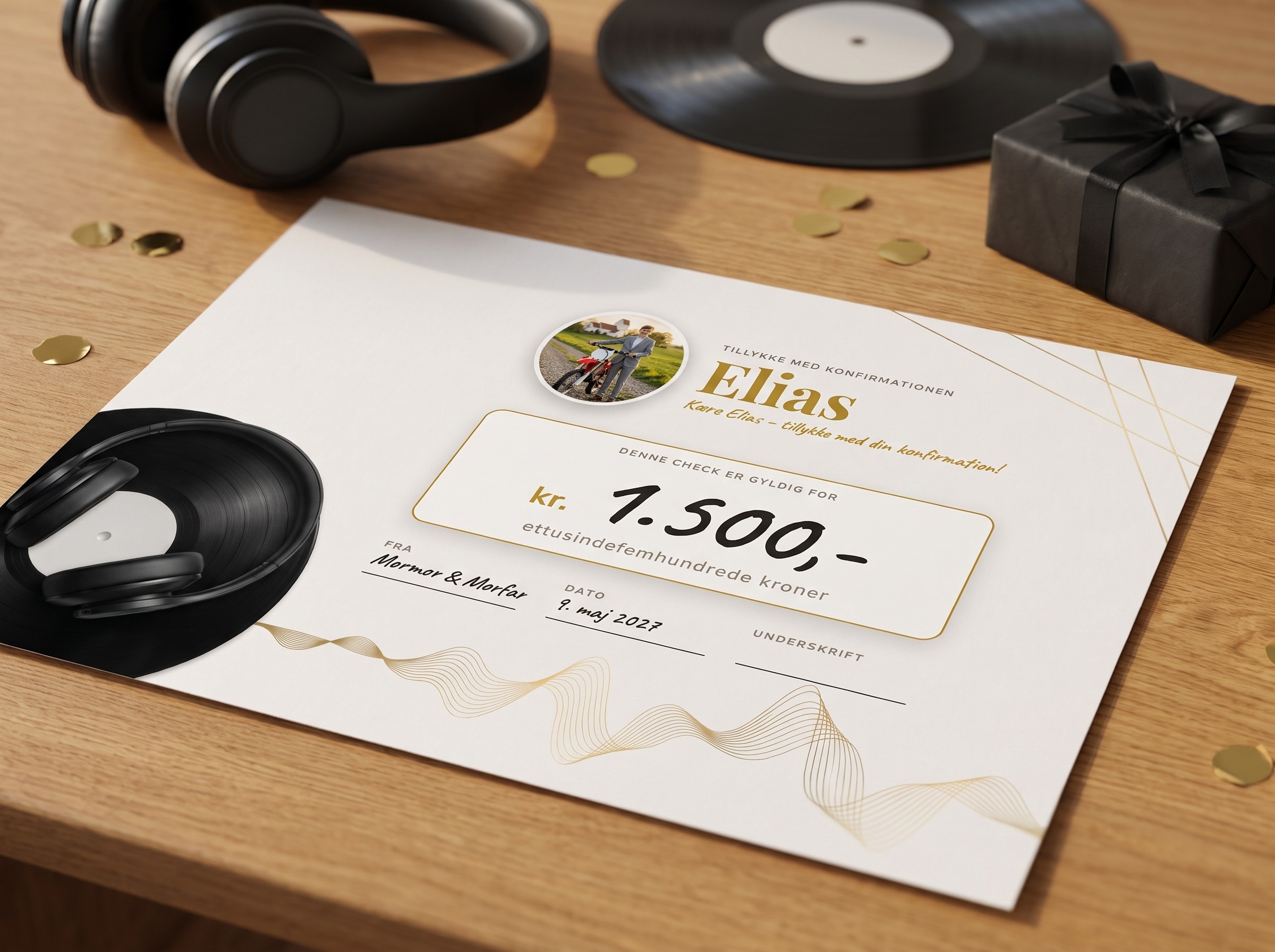 Pengecheck til konfirmation i Musik-design med foto, høretelefoner og vinylplade på bordet