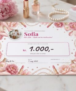 Pengecheck til konfirmation med foto af konfirmanden, design Stiletto & makeup, printet i A3 på bord