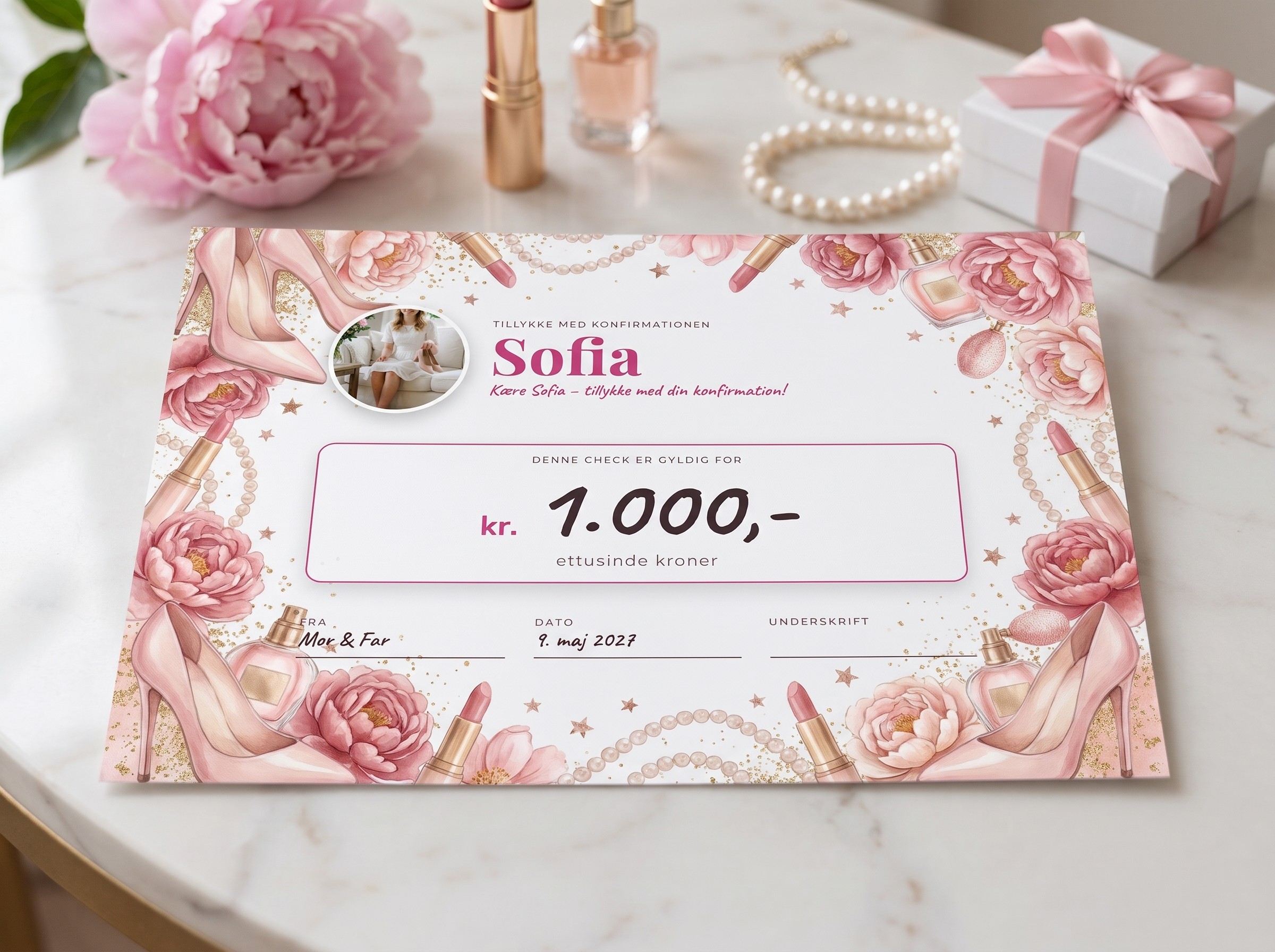 Pengecheck til konfirmation med foto af konfirmanden, design Stiletto & makeup, printet i A3 på bord