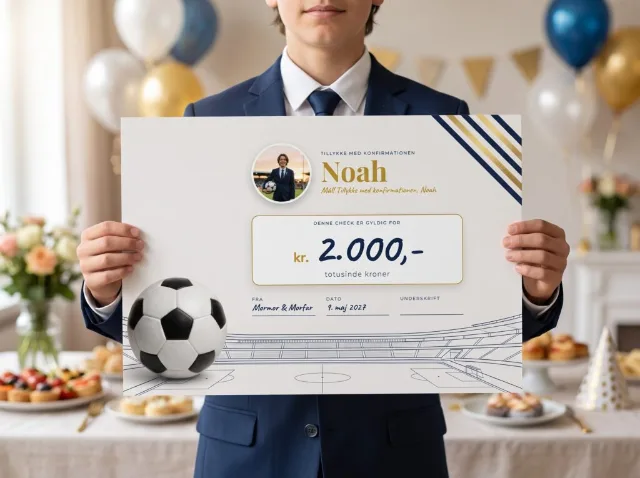 Konfirmand holder A3 kæmpecheck med fodbold-design