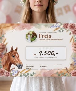 Konfirmand pige i hvid kjole holder sin personlige pengecheck i A3 med heste-design