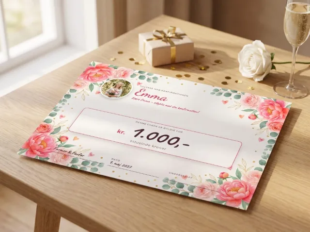 Pengecheck til konfirmation – Hjerter & blomster med foto