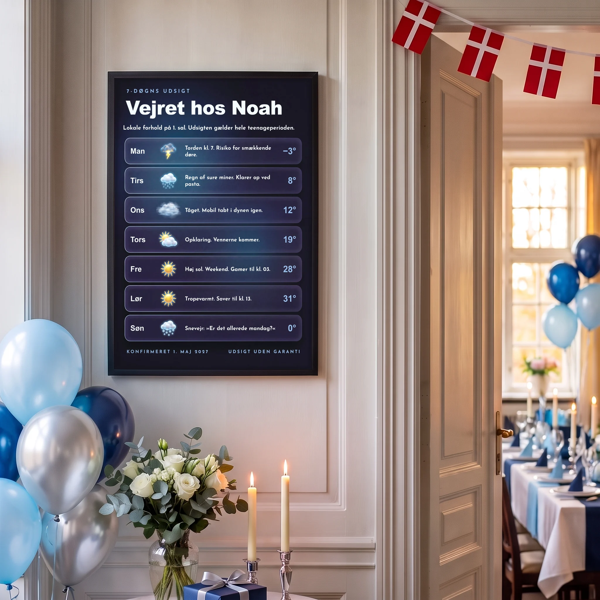 Vejrudsigt plakat til konfirmation dreng med 7-døgns udsigt om konfirmanden, hænger indrammet i festlokalets indgang