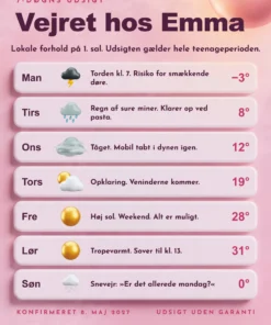 Vejrudsigt plakat til konfirmation pige i rosa – 7-døgns udsigt med sjove dage, 3D-vejrikoner og konfirmandens navn