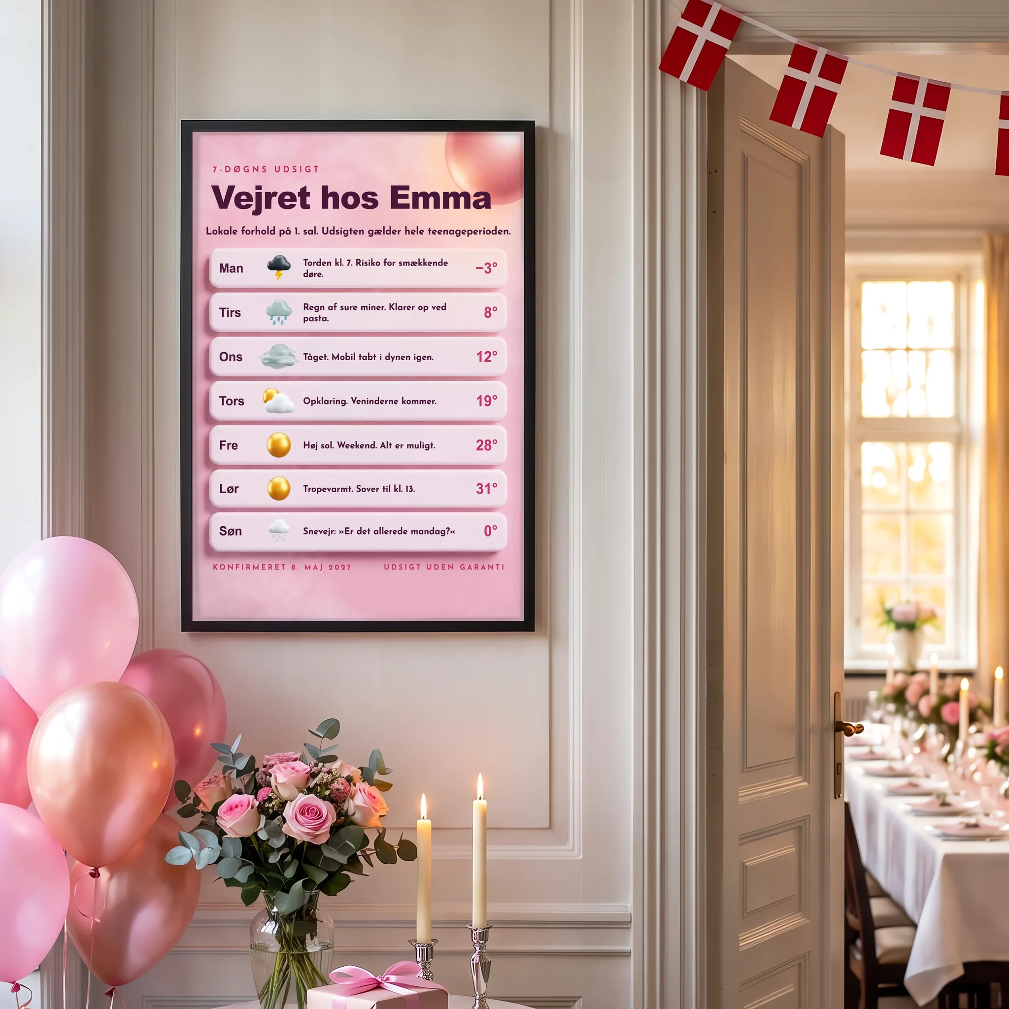 Vejrudsigt plakat til konfirmation pige med 7-døgns udsigt om konfirmanden, hænger indrammet i festlokalets indgang