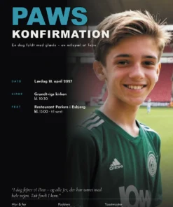 Eksempel på velkomstplakat til konfirmation – dreng i fodboldtrøje på stadion, navn i petrolblå, dato, kirke og fest