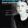 Eksempel på velkomstplakat til konfirmation – dreng i sort-hvidt foto med solbriller, navn i petrolblå, dato, kirke og fest