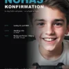 Eksempel på velkomstplakat til konfirmation – smilende dreng med controller, navn i petrolblå, dato, kirke og fest