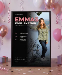 Velkomstplakat til konfirmation med foto af konfirmanden, navn, dato og program – sort med rosa, pigeudgave i sort ramme