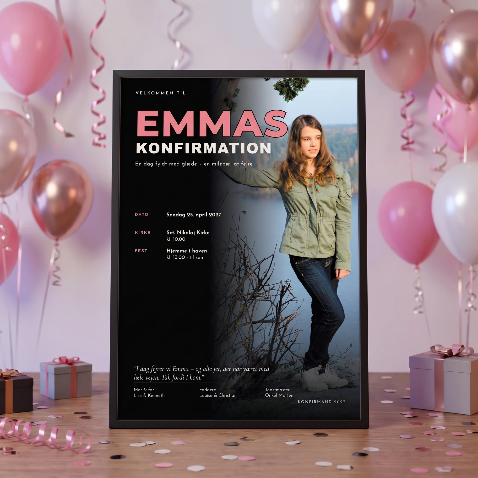 Velkomstplakat til konfirmation med foto – pige, sort med rosa