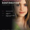 Eksempel på velkomstplakat til konfirmation – pige med portrætfoto, navn i rosa skrift, dato, kirke og fest