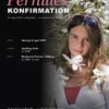 Eksempel på velkomstplakat til konfirmation – pige mellem hvide forårsblomster, navn i rosa, dato, kirke og fest
