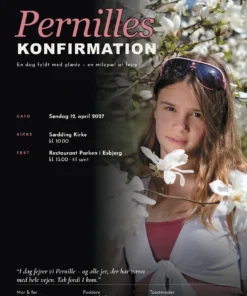 Eksempel på velkomstplakat til konfirmation – pige mellem hvide forårsblomster, navn i rosa, dato, kirke og fest